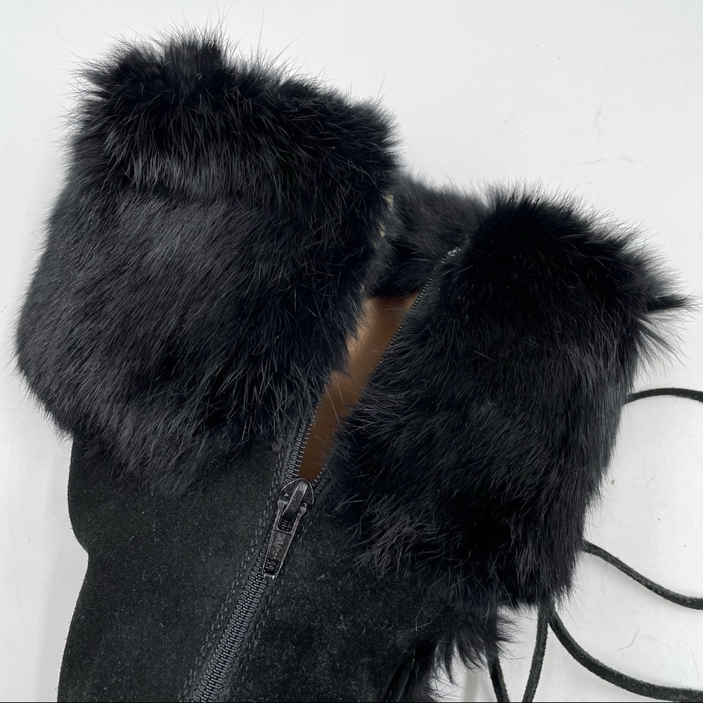 SOLD-Coach Karita Black Wedge Boots Suede Leather Rabbit Fur Knee Heels - Picture 7 of 11